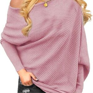 Women's pink Off The Shoulder Long Sleeve Pullover Knit Jumper Baggy Sol…